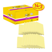 Eine Packung 3M Post-it® Super Sticky Notes, Gelb, 76x127mm, 90 Blatt/Block, mit 14 Blöcken plus 2 gratis (16 insgesamt), ist eine ideale wiederverwendbare Haftnotizen von 3M Deutschland GmbH, PEFC-zertifiziert.