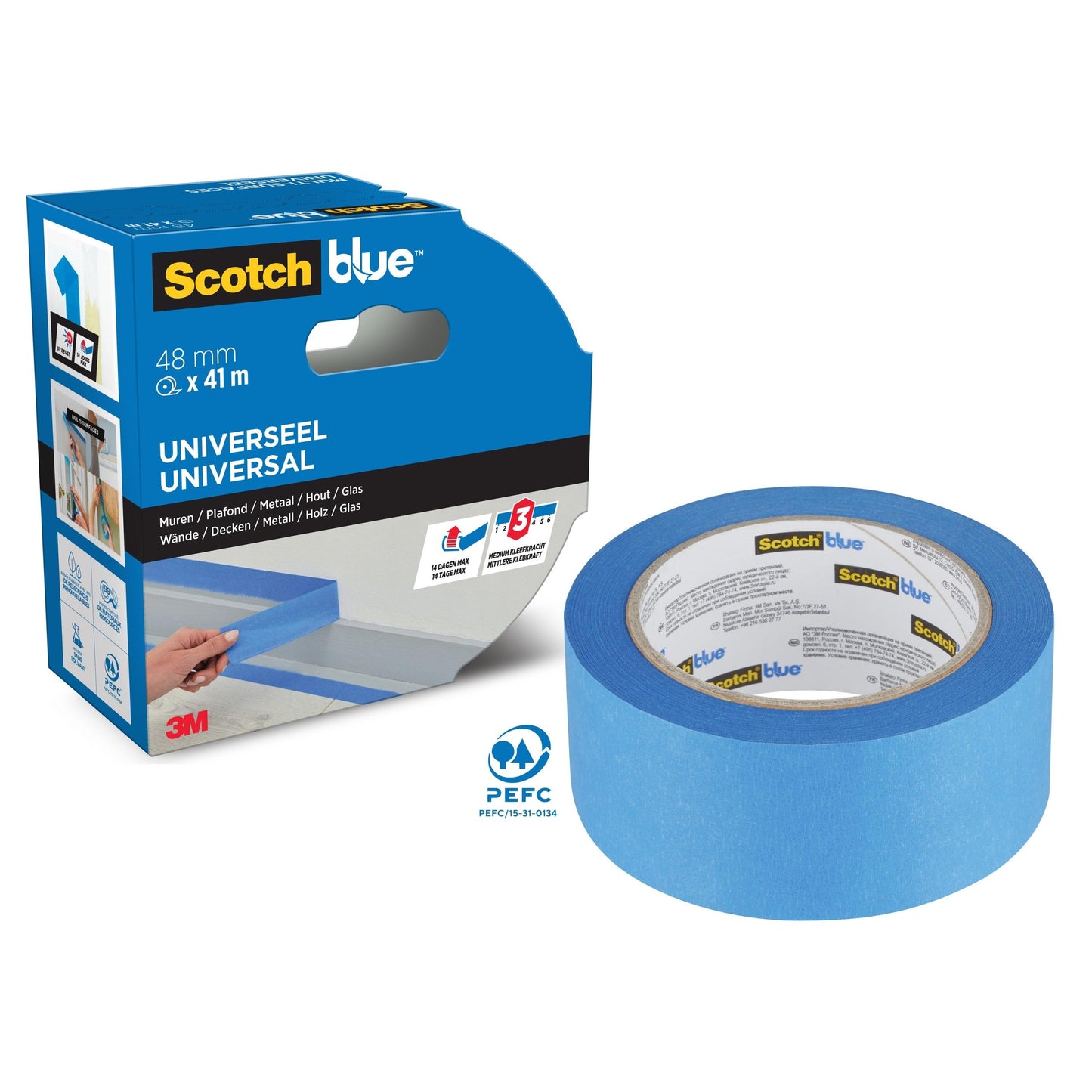 Una scatola e un rotolo di nastro adesivo per pittori ScotchBlue™ "Multi-Surface" (48mm x 41m) di 3M Deutschland GmbH. La confezione blu mostra l'uso del nastro su diverse superfici, con certificazione PEFC visibile e marchio 3M.