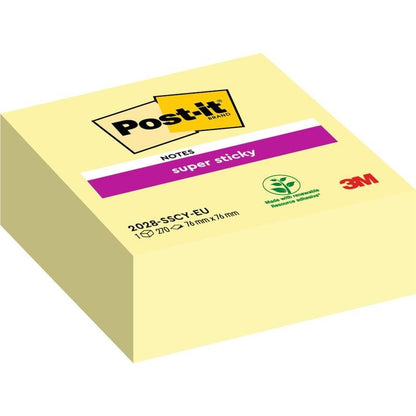 Un blocco giallo di Post-it® Super Sticky Notes Cubo, 76x76mm di 3M Deutschland GmbH, mostra il logo Post-it, l'etichetta "Super Sticky", il simbolo del riciclo, l'avviso ambientale, il codice prodotto 2028-SSC-Y-EU e un logo 3M.