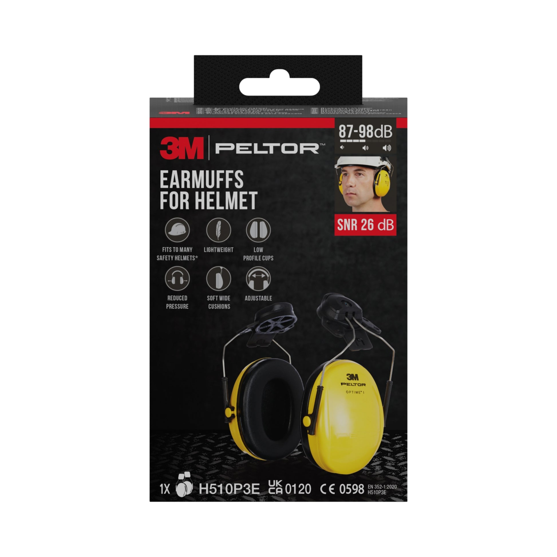 Einzelhandelspackung 3M™ PELTOR™ Optime™ I Helm-Kapselgehörschützer (H510P3E) von 3M Deutschland GmbH, gelb, SNR 26 dB, mit Produktinformation und Bildern zur Verwendung mit einem Helm.