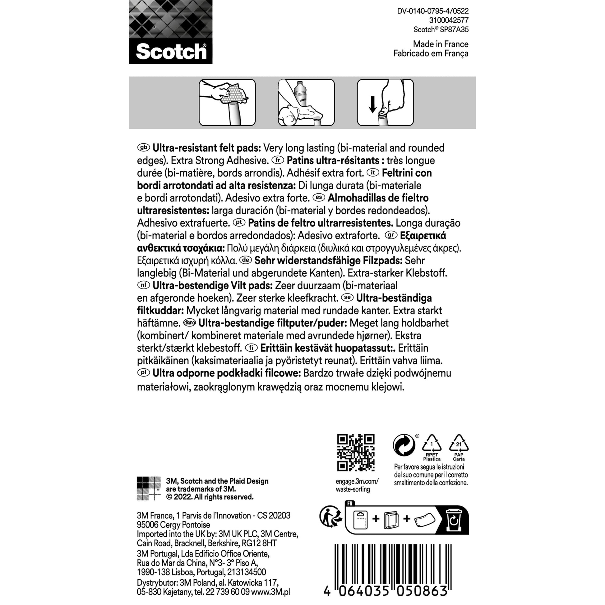 Scotch® Extrembeständige Filzpads SP87A35 von 3M Deutschland GmbH: mehrsprachiges Etikett, Icons und fettgedruckter Text heben die Ultra-Resistenz, Extra-Stärke und Langlebigkeit des Bi-Materials mit abgerundeten Kanten hervor; Barcode an der Unterseite. 8 grau/weiße selbstklebende Pads (Ø 25mm).