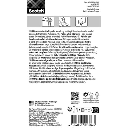 Rückseite einer Packung 3M Deutschland GmbH Scotch® Extrembeständige Filzpads SP87A35 (Ø 25mm, grau/weiß, 8 Stück), mit mehrsprachigen Informationen zur Selbstklebekraft, Haltbarkeit, sowie einem Barcode und Symbolen unten rechts.