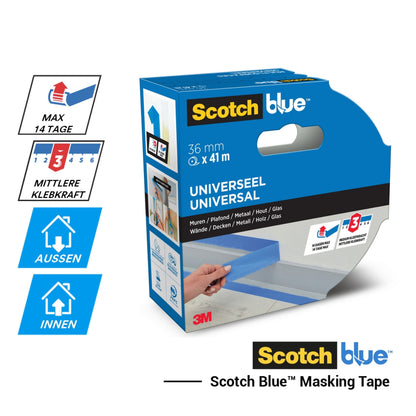 È raffigurata una confezione di nastro adesivo per pittori ScotchBlue™ "Multi-Surface" (36 mm x 41 m) di 3M Deutschland GmbH. Sulla confezione sono indicati fino a 14 giorni di utilizzo, adesione media, idoneità per interni ed esterni e compatibilità con diverse superfici.