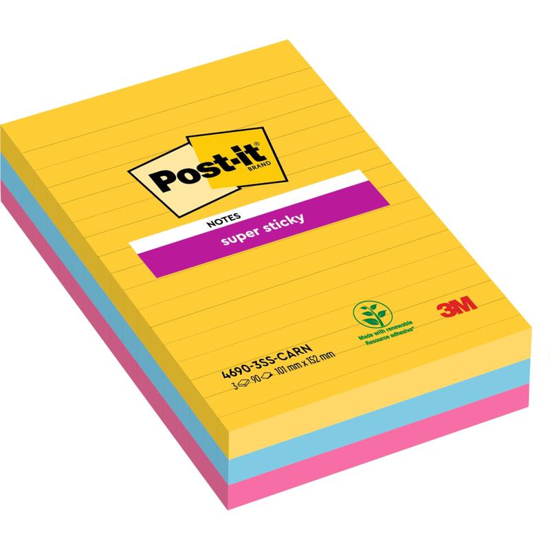 Una confezione di Post-it® Super Sticky Notes, a righe e in formato grande (101 mm x 152 mm, 90 fogli/blocco), di 3M Deutschland GmbH. Realizzato con carta certificata 100% PEFC. Colori: giallo, blu e rosa; confezione con etichetta ecologica.