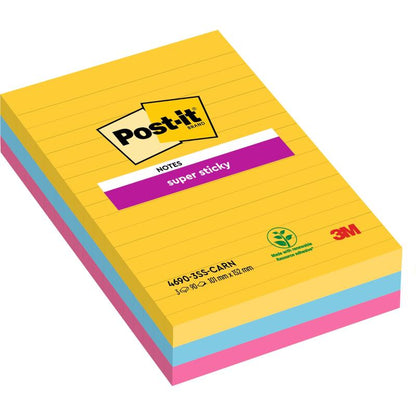 Una confezione di Post-it® Super Sticky Notes, a righe e in formato grande (101 mm x 152 mm, 90 fogli/blocco), di 3M Deutschland GmbH. Realizzato con carta certificata 100% PEFC. Colori: giallo, blu e rosa; confezione con etichetta ecologica.