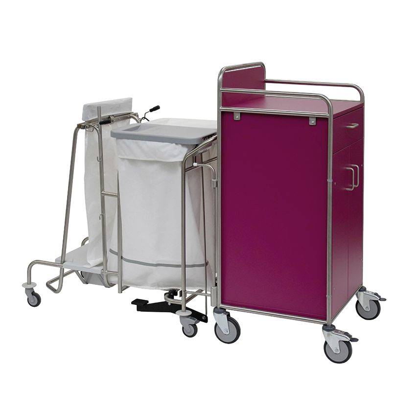 Il carrello di stazione Novocal dispone di un robusto telaio in acciaio inossidabile con giunzioni tubolari completamente saldate, involucro color magenta, telaio per sacco biancheria bianco, maniglie e ruote piroettanti - ideale per ospedali. Confezione: 1 pezzo.