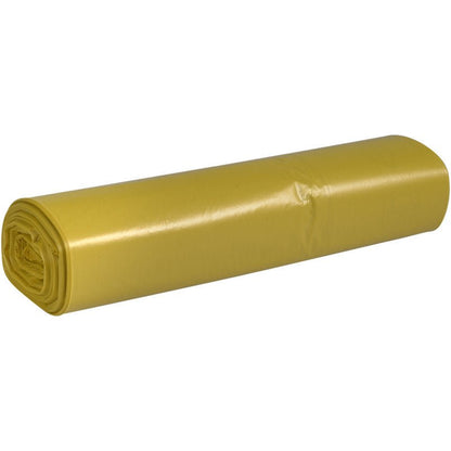 Un rotolo di sacchetti per rifiuti Abena Re-Seller GmbH 70 L (575x1000 mm, 32 my LDPE) è posizionato orizzontalmente su uno sfondo bianco. I sacchetti gialli lisci e lucidi sono ben confezionati e ideali per uno smaltimento efficiente dei rifiuti.