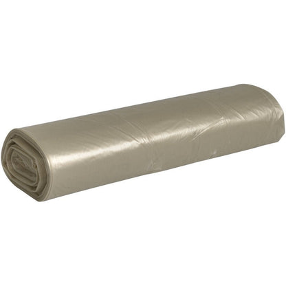 Un rotolo di sacchetti per rifiuti Abena Re-Seller GmbH 70 L (575x1000 mm, 32 my LDPE) in beige è avvolto strettamente e posato su una superficie bianca - perfetto per uno smaltimento efficiente dei rifiuti.