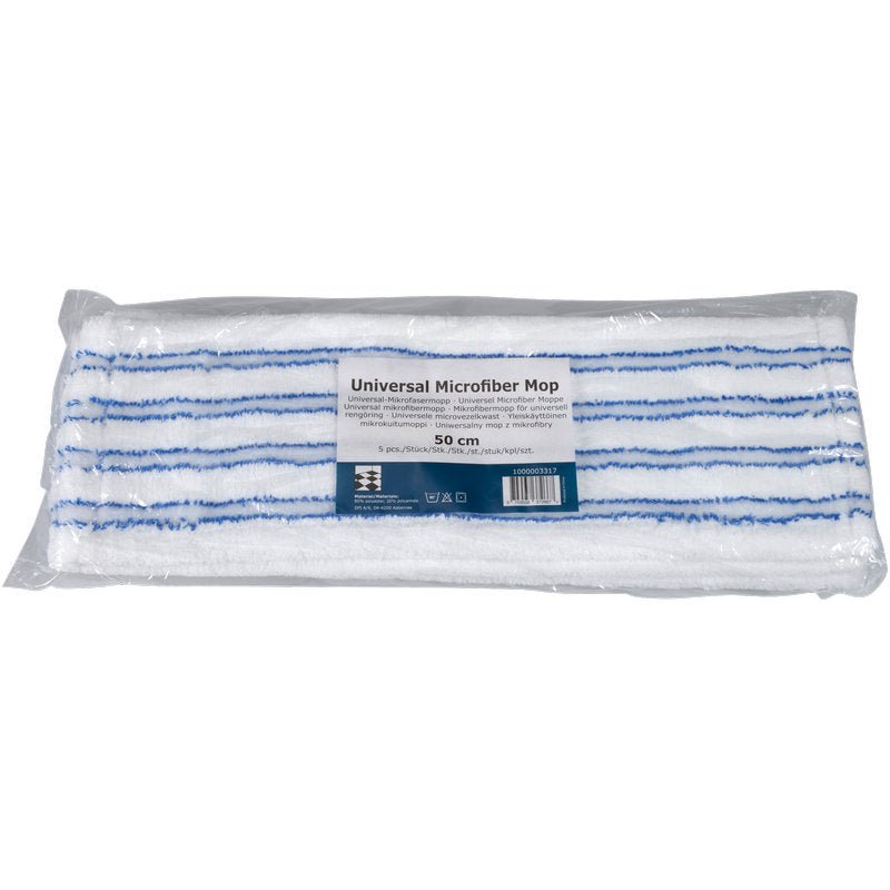 Il mop in microfibra con setole di Abena Re-Seller GmbH, Blu/Bianco, largo 50 cm e prevalentemente bianco con strisce blu, è confezionato in plastica trasparente e dotato di un'etichetta.