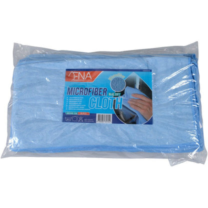 In una confezione di plastica trasparente si trova un panno in microfibra blu piegato ENA Soft (40x40 cm) di Abena Re-Seller GmbH. Sull'etichetta c'è scritto "Panno in microfibra" con un'immagine delle mani che puliscono, ideale per la cura dell'auto e la pulizia approfondita.