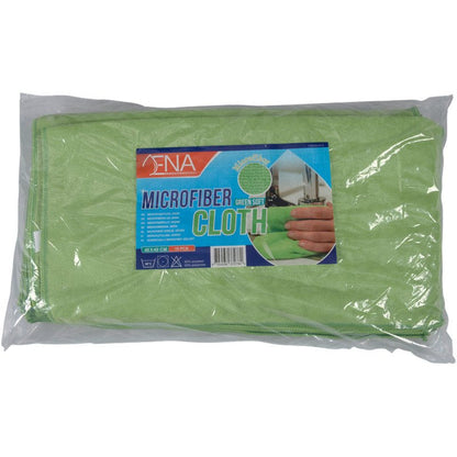 Il panno in microfibra ENA Soft, 40x40 cm di Abena Re-Seller GmbH, è un panno in microfibra verde in plastica trasparente con un'etichetta blu-rossa "Panno in microfibra" che mostra una pulizia delle mani - una scelta perfetta per la pulizia e la cura dell'auto.