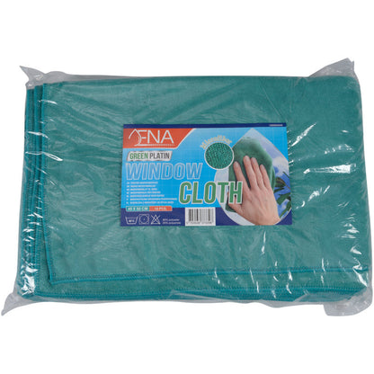 Un pacco da 10 panni in microfibra Abena Re-Seller GmbH ENA Platin Fenstertuch, 40x50 cm, verde, piegato e sigillato in pellicola trasparente, assicura una pulizia senza striature ed è dotato della scritta "Grünes Platin Fenstertuch" e di un'immagine della mano che pulisce la finestra.