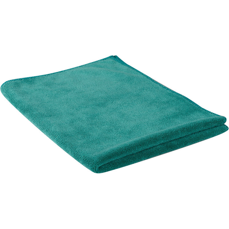 Un panno in microfibra verde piegato ENA Platin Fenstertuch (40x50 cm) di Abena Re-Seller GmbH è raffigurato su sfondo bianco. Il panno morbido e strutturato con bordi lavorati è perfetto per la pulizia senza striature. Confezione: 10 pezzi.