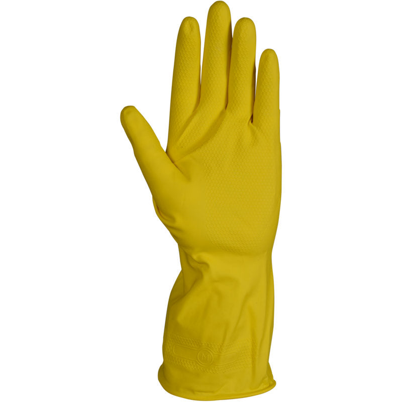 Ein einzelner gelber ENA Multipurpose Haushaltshandschuhe Latex von Abena Re-Seller GmbH ist aufrecht mit der Handfläche nach vorne abgebildet, mit einer strukturierten Oberfläche an Fingern und Handfläche und über das Handgelenk hinausreichend.