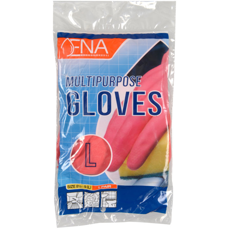 Una confezione di plastica trasparente contiene un paio di guanti gialli ENA Guanti domestici multifunzionali in lattice di Abena Re-Seller GmbH, etichettata con "GLOVES L", con la taglia 8½-9 (L) e un'immagine dei guanti in basso.