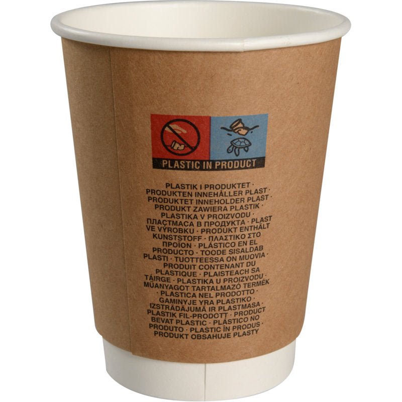 La tazza da caffè a doppia parete "Kraft" di Abena Re-Seller GmbH è un bicchiere di carta usa e getta marrone con interno bianco, etichettato con testo multilingue e pittogrammi per il contenuto di plastica - ideale come tazza da caffè da asporto.