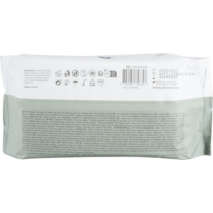 Die Rückseite einer Abena Re-Seller GmbH Feuchtpflegetücher, Mit Deckel (80 Stück, 18x20 cm) Packung zeigt Inhaltsstoffe, Anwendungshinweise, Herstellerangaben, Barcodes & Symbole in mehreren Sprachen - ideal für Reinigung unterwegs.