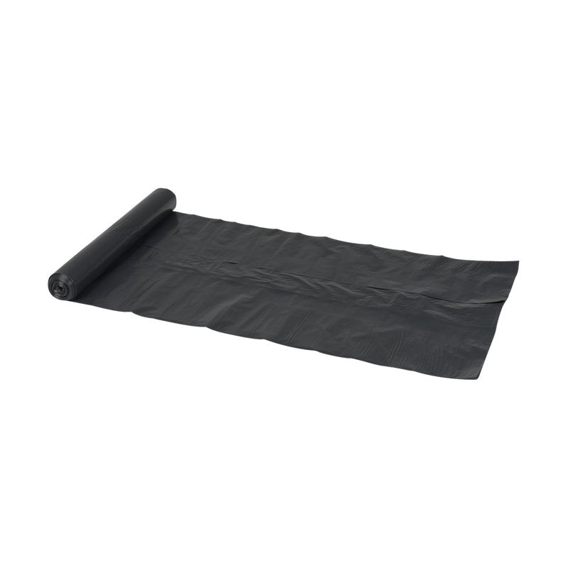 Un sacco della spazzatura Abena Re-Seller GmbH da 120 L, 700x1100 mm, 45 my LDPE, Nero (rotolo con 10 sacchetti) parzialmente srotolato giace su una superficie bianca, mentre il resto del rotolo è ancora ordinatamente arrotolato a un'estremità.