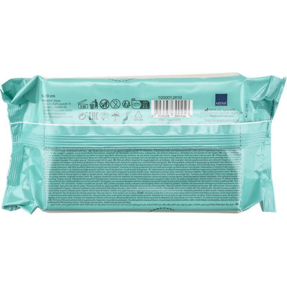 Una confezione blu-verde della Abena Re-Seller GmbH Bambo Nature salviette umidificate con chiusura adesiva, 15x20cm (80 pezzi), è raffigurata sul retro con un codice a barre, icone, informazioni sul prodotto per la pelle delicata dei neonati e testo in più lingue.