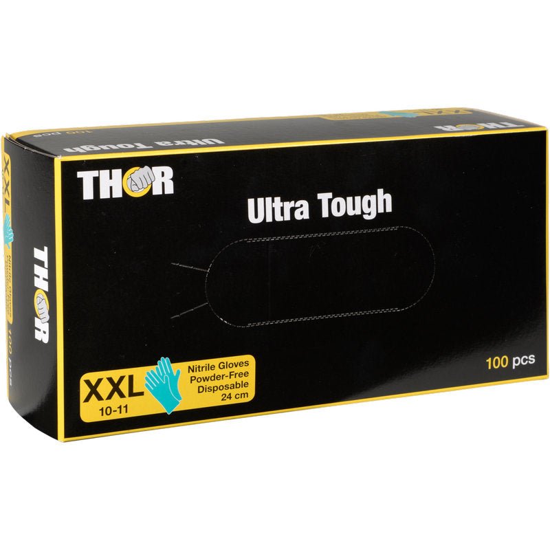Una scatola di guanti in nitrile Thor Ultra Tough, Verde della Abena Re-Seller GmbH, taglia XXL (10-11), senza polvere e monouso, lunga 24 cm, 100 pezzi. Ideali per l'uso all'aperto grazie alla loro resistenza. Scatola con accenti di design verdi.