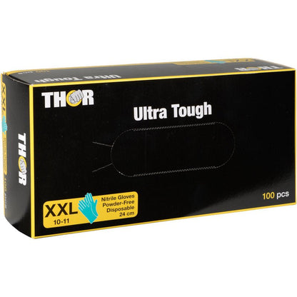 Una scatola di guanti in nitrile Thor Ultra Tough, Verde della Abena Re-Seller GmbH, taglia XXL (10-11), senza polvere e monouso, lunga 24 cm, 100 pezzi. Ideali per l'uso all'aperto grazie alla loro resistenza. Scatola con accenti di design verdi.
