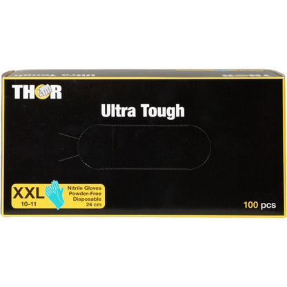 Una scatola rettangolare nera con la scritta "Thor Ultra Tough, Verde" della Abena Re-Seller GmbH contiene 100 guanti monouso in nitrile senza polvere XXL, taglia 10-11, 24 cm. Ideali per attività all'aperto - durevoli con grafica verde e accenti gialli.
