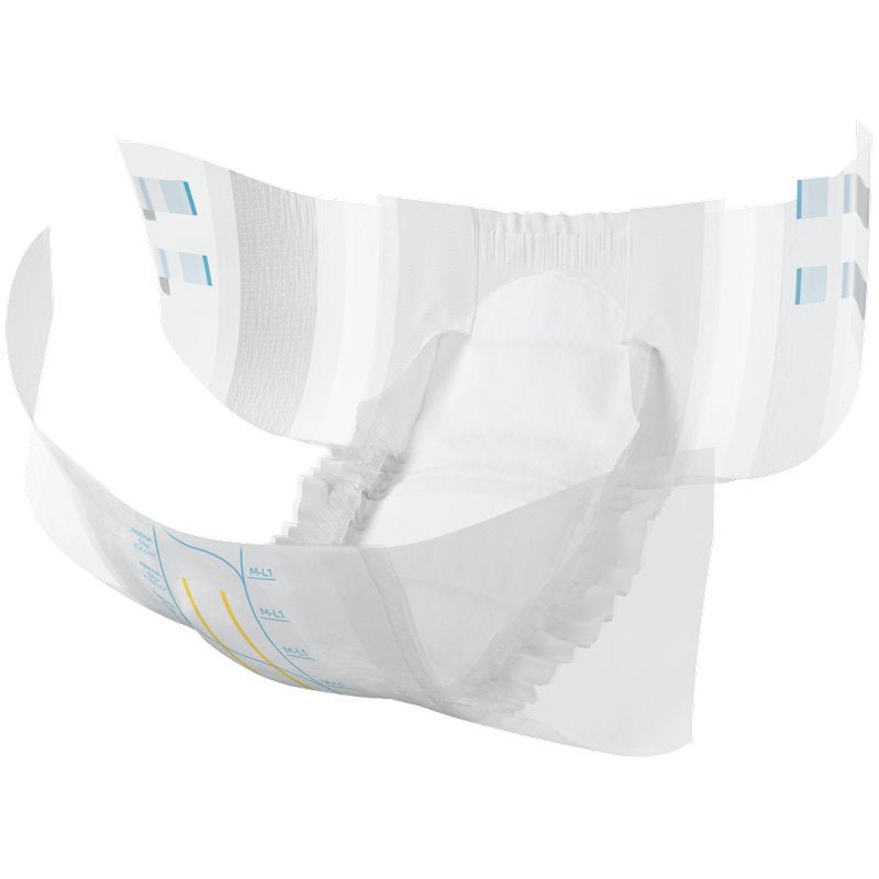 L'ABENA Slip Flexi Fit M-L Premium di Abena Re-Seller GmbH si distingue per i bordi elastici delle gambe, il morbido rivestimento interno, i segni colorati all'esterno e la vestibilità flessibile con superficie assorbente e fascia in vita aperte.