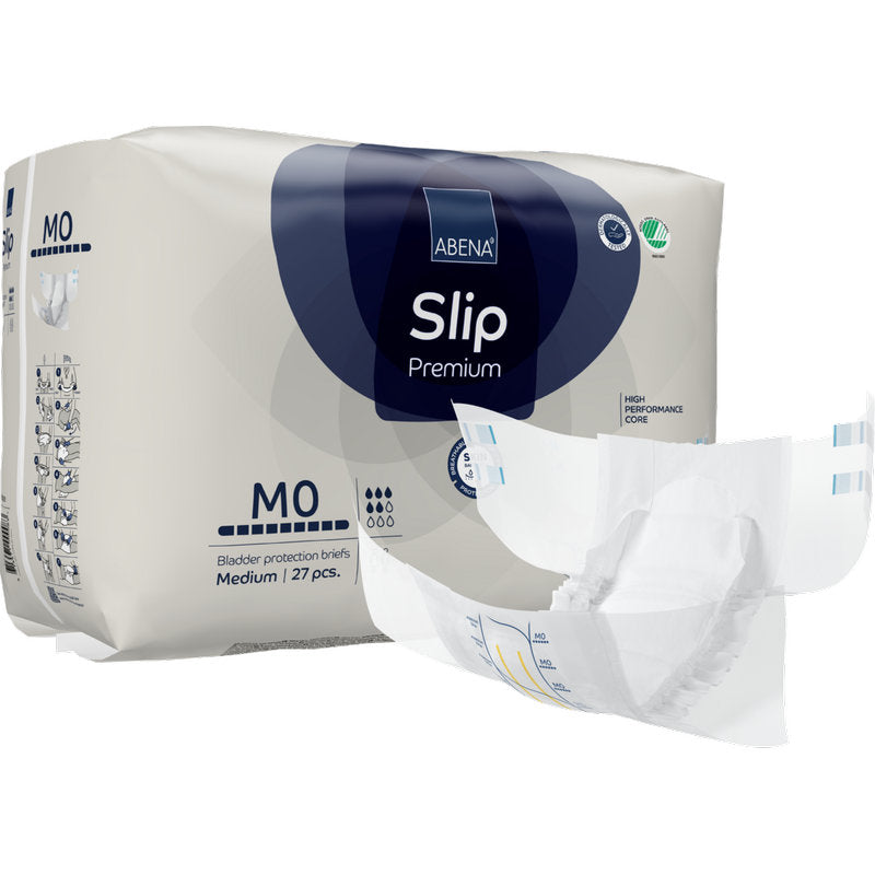 Eine Packung ABENA Slip Premium Blasenschutzslips der Abena Re-Seller GmbH, mittlere Größe, 27 Stück. Auf der Vorderseite ist ein weißer Slip mit blauen und grauen Akzenten abgebildet, der seine Form und das Design der Inkontinenzversorgung hervorhebt.