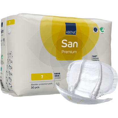 Abgebildet ist eine Packung ABENA San Premium von Abena Re-Seller GmbH, Größe 7 (30 Stück), mit einem Tampon davor. Die Packung hebt 360° Auslaufsperren und hohe Saugfähigkeit für optimalen Inkontinenz Schutz hervor.