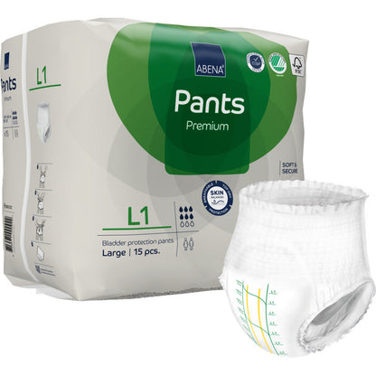 Ein 15er-Pack ABENA Pants Premium L von Abena Re-Seller GmbH bietet zuverlässigen Auslaufschutz. Die weiß-grüne Verpackung zeigt eine einzelne Hose mit praktischen Messlinien auf der Vorderseite.
