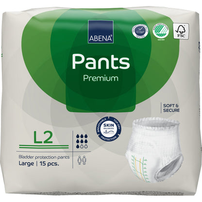 Eine 15-teilige Packung ABENA Pants Premium L von Abena Re-Seller GmbH, Größe Large. Die Verpackung enthält Auslaufschutz, Zertifizierungen und ein Produktbild.
