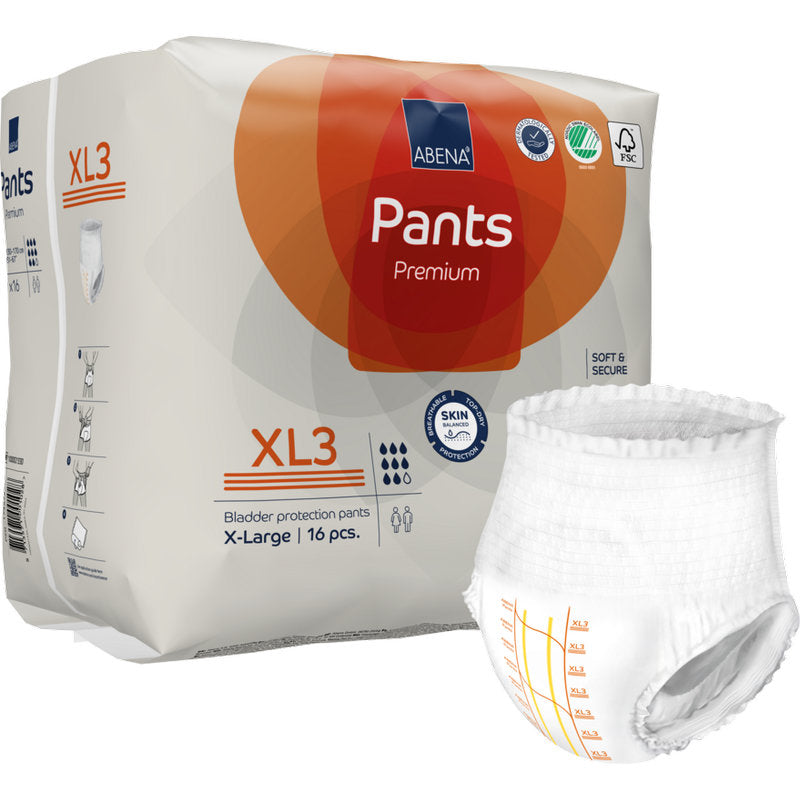 Abgebildet ist eine Packung ABENA Pants Premium XL von Abena Re-Seller GmbH, Größe X-Large (16 Stück), mit dem Produktnamen und einem Inkontinenzslip mit Messmarkierungen neben der Packung.