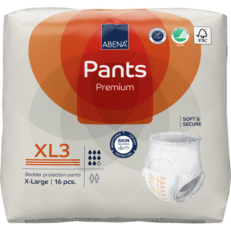Eine Packung ABENA Pants Premium XL von Abena Re-Seller GmbH, Größe XL3 extra-large, enthält 16 Stück. Auf der Verpackung sind Zertifizierungslogos und die Abbildung einer einzelnen Schutzunterwäsche zu sehen.