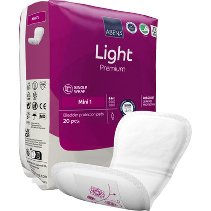 Una confezione ABENA Light Mini 1, Premium di Abena Re-Seller GmbH contiene 20 assorbenti per lieve incontinenza. Davanti è raffigurato un assorbente. La confezione viola e bianca mostra i dettagli del prodotto e i loghi del marchio.
