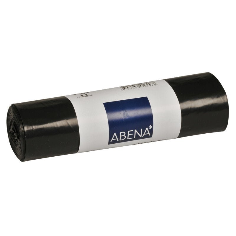 Un rotolo di sacchi neri per rifiuti con una stampa bianco-blu del marchio Abena Re-Seller GmbH con la dicitura "Sacchi per rifiuti per Sækko Boy 120, 35 my LLDPE".