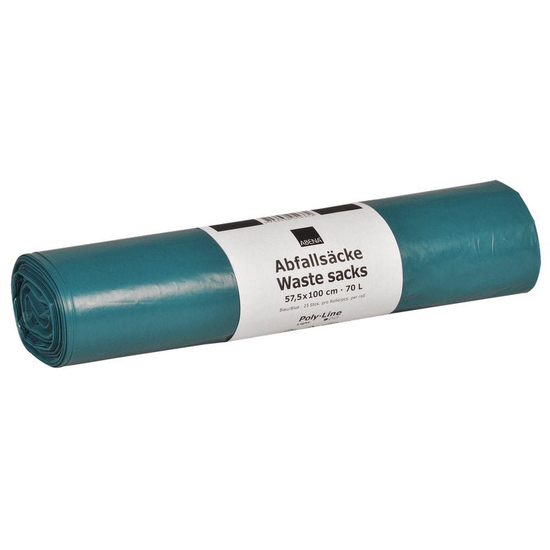 Un rotolo blu di sacchetti per rifiuti Abena Re-Seller GmbH LDPE 70 L (575x1000 mm, 32 my) con un'etichetta bianca, ideale per lo smaltimento dei rifiuti.