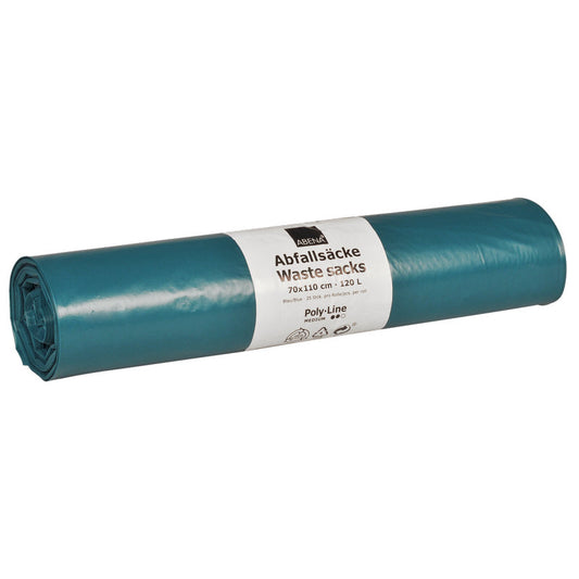 Eine Rolle Abena Re-Seller GmbH Abfallsäcke 120 L, 700x1100 mm, 38 my, LDPE, blau (25 Säcke) mit weißem Etikett in deutscher und englischer Sprache - ideal für eine effiziente Abfallentsorgung.