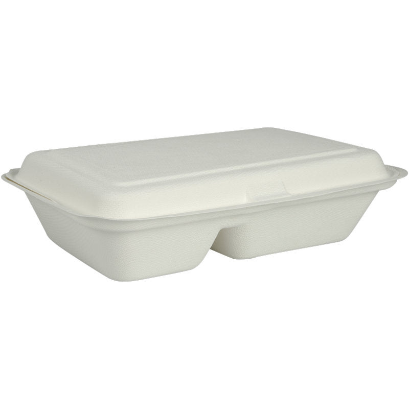 La scatola del menù di Abena Re-Seller GmbH in bagassa, divisa in 2 parti in bianco (25x16,2x6,3 cm), biodegradabile e confezionata in pacchi da 50 pezzi, è raffigurata su uno sfondo bianco semplice.