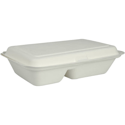 La scatola del menù di Abena Re-Seller GmbH in bagassa, divisa in 2 parti in bianco (25x16,2x6,3 cm), biodegradabile e confezionata in pacchi da 50 pezzi, è raffigurata su uno sfondo bianco semplice.