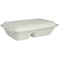 La scatola del menù di Abena Re-Seller GmbH in bagassa, divisa in 2 parti in bianco (25x16,2x6,3 cm), biodegradabile e confezionata in pacchi da 50 pezzi, è raffigurata su uno sfondo bianco semplice.