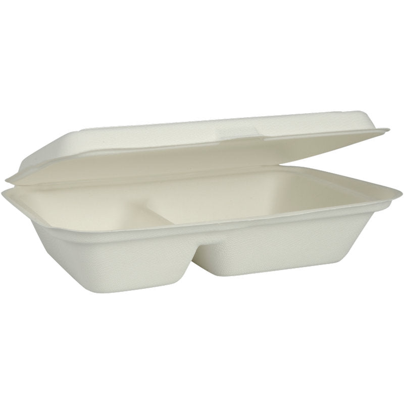 È raffigurata una scatola del menù rettangolare bianca di Abena Re-Seller GmbH (bagassa, divisa in 2 parti, 25x16,2x6,3 cm) con coperchio attaccato; è biodegradabile e viene fornita in una confezione da 50 pezzi.