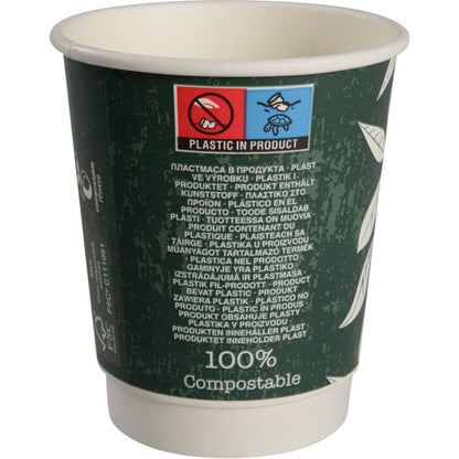 La tazza da caffè a doppia parete Bio "Green Leaves" di Abena Re-Seller GmbH è una tazza monouso verde realizzata in materiali sostenibili, contrassegnata con "Plastica nel prodotto", "100% compostabile" e ideale per i bevitori di caffè attenti all'ambiente.