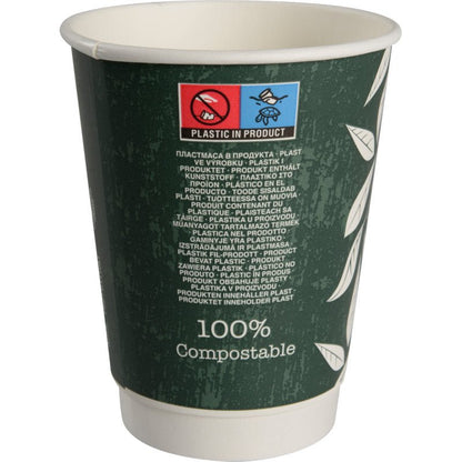 La tazza da caffè a doppia parete Bio "Green Leaves" di Abena Re-Seller GmbH è una tazza verde scuro con motivi di foglie bianche, etichetta "100% compostabile" e adesivo multilingue "Plastica nel prodotto" con simboli di materiali ecologici.