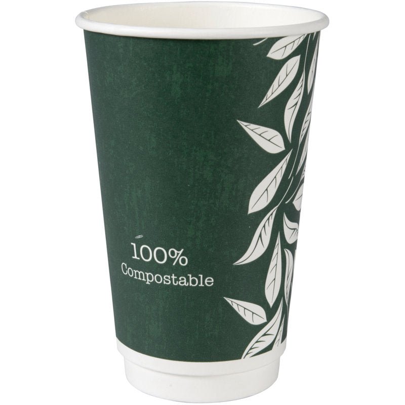 La tazza da caffè a doppia parete Bio "Green Leaves" di Abena Re-Seller GmbH è una tazza verde scuro a doppia parete con motivo di foglie bianche e scritta "100% compostabile", realizzata con materiali sostenibili.
