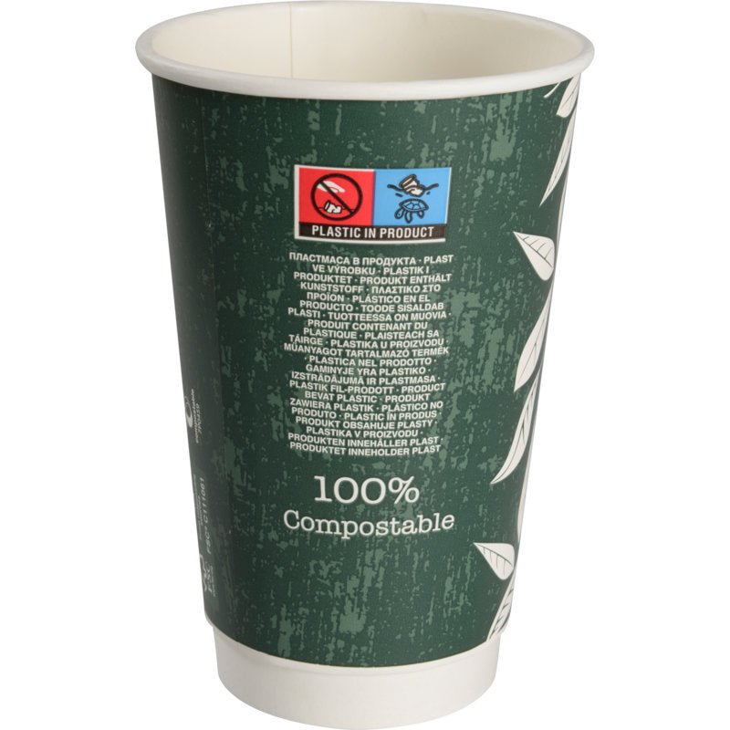 La tazza da caffè a doppia parete Bio "Green Leaves" di Abena Re-Seller GmbH è una tazza verde ecologica con motivi di foglie bianche, un'etichetta "100% compostabile" e un avviso multilingue sul contenuto di plastica.