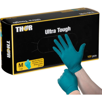 Due mani indossano i guanti verdi Thor Ultra Tough della Abena Re-Seller GmbH, davanti alla scatola. Perfetti per attività all'aperto, questi guanti monouso senza polvere di medie dimensioni sono lunghi 24 cm e vengono forniti in una confezione da 100 pezzi - grandi e robusti.