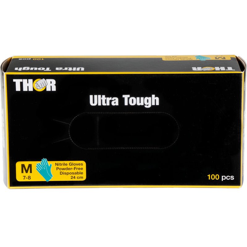 Una scatola verde con la scritta "Thor Ultra Tough" della Abena Re-Seller GmbH contiene 100 guanti monouso in nitrile di medie dimensioni, senza polvere (24 cm) - il prodotto durevole ideale per attività all'aperto.