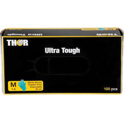 Una scatola verde con la scritta "Thor Ultra Tough" della Abena Re-Seller GmbH contiene 100 guanti monouso in nitrile di medie dimensioni, senza polvere (24 cm) - il prodotto durevole ideale per attività all'aperto.