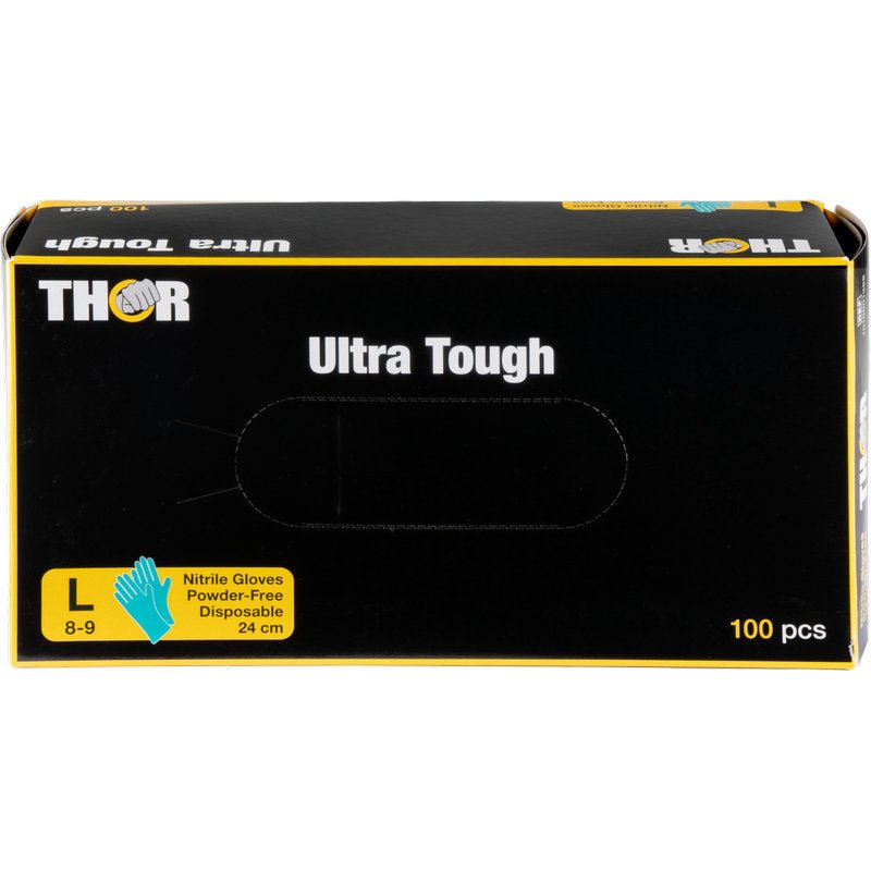 Una scatola verde con la scritta "Thor Ultra Tough" della Abena Re-Seller GmbH contiene 100 guanti monouso in nitrile grandi, senza polvere (taglia 8-9, 24 cm) - ideali per attività all'aperto. Accanto all'indicazione della taglia appare un'immagine blu del guanto.