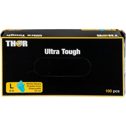 Una scatola verde con la scritta "Thor Ultra Tough" della Abena Re-Seller GmbH contiene 100 guanti monouso in nitrile grandi, senza polvere (taglia 8-9, 24 cm) - ideali per attività all'aperto. Accanto all'indicazione della taglia appare un'immagine blu del guanto.
